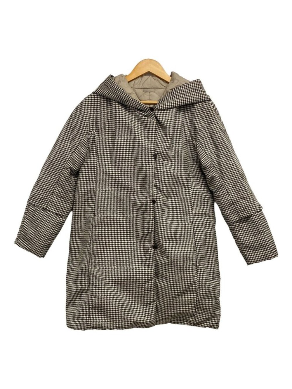 Max Mara Down Coat 6 M Gray Beige Black Long Sleeve Houndstooth Reversible S